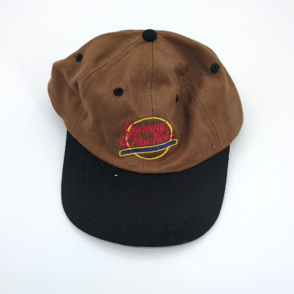 Vintage 90s Johnny Rockets Hat Head Shots KC Caps Earth Tone Brown Black Dad Cap